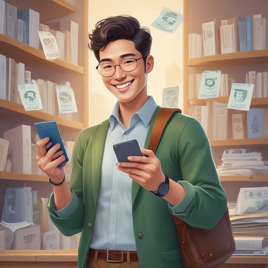 Happy Korean individual smiling and holding a smartphone displaying a successful tax refund notification, showing financial relief.