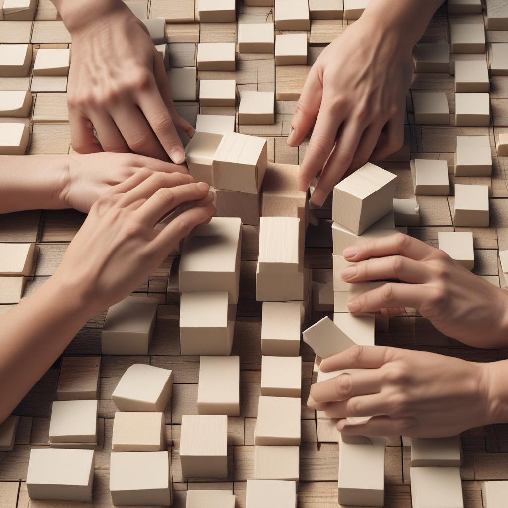 손이 복잡한 보험 조각들을 재구성하여 효율적인 구조를 만드는 모습