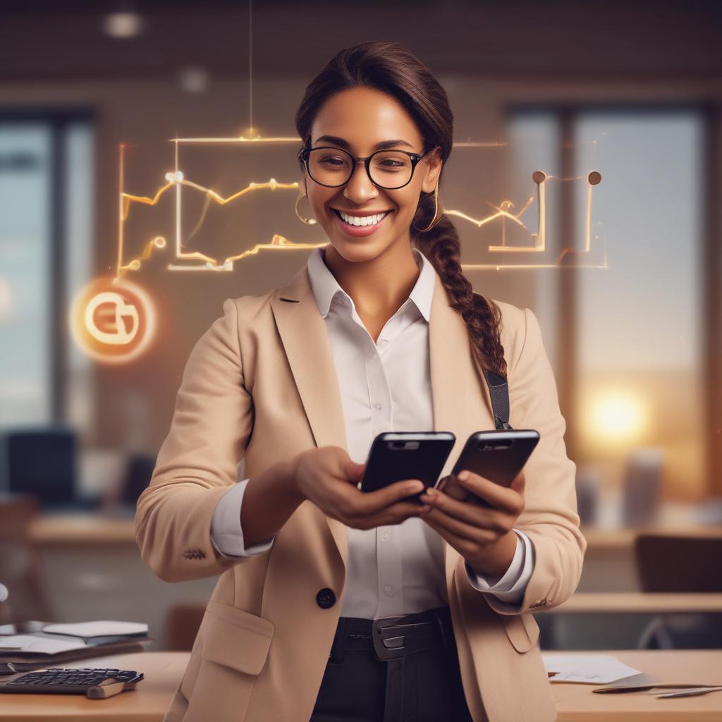 Smiling person checking tax refund on smartphone with positive results