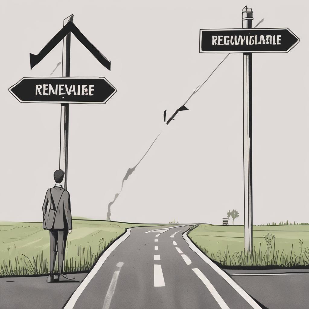 An illustration depicting a choice between two insurance paths: one with fluctuating and potentially increasing costs (renewable) and one with stable and predictable costs (non-renewable).