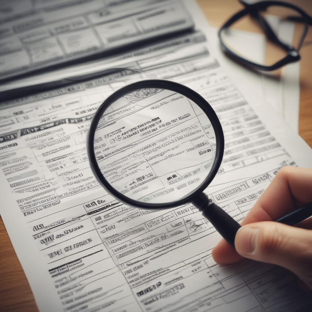 확대경으로 세금 서류를 살펴보며 숨겨진 환급금을 찾는 모습