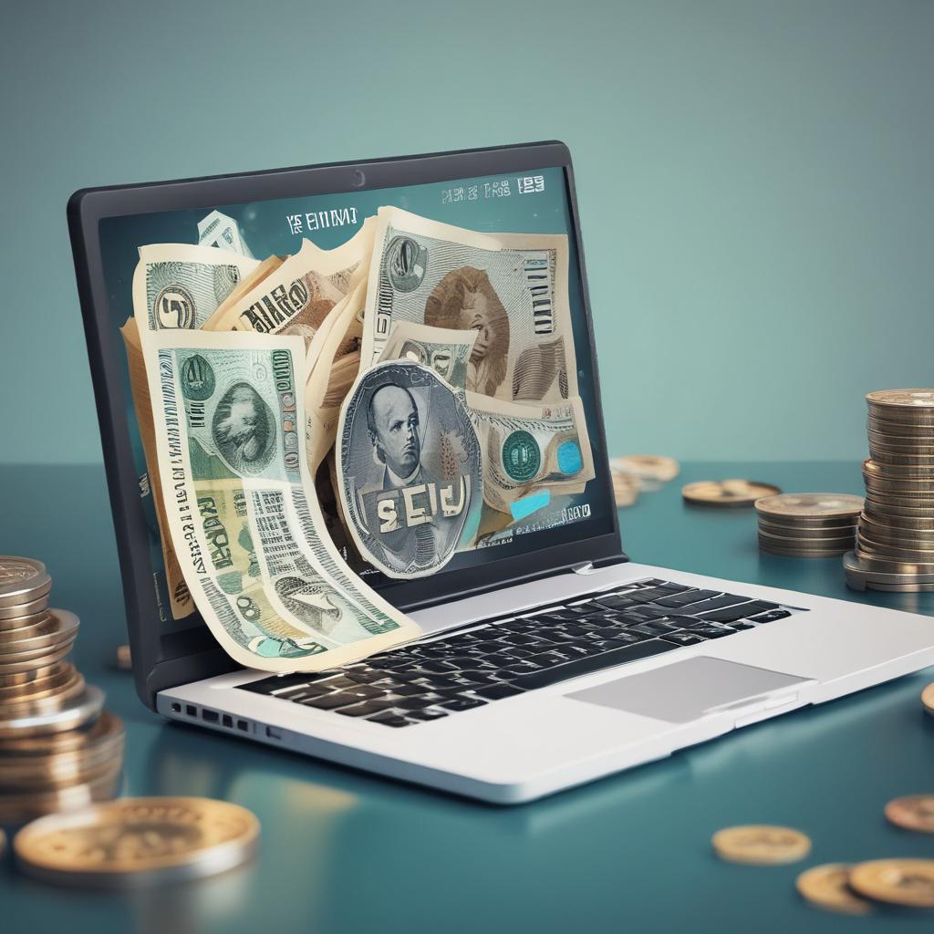 컴퓨터 화면에서 쏟아져 나오는 지폐와 동전, 세금 환급의 기쁨을 상징