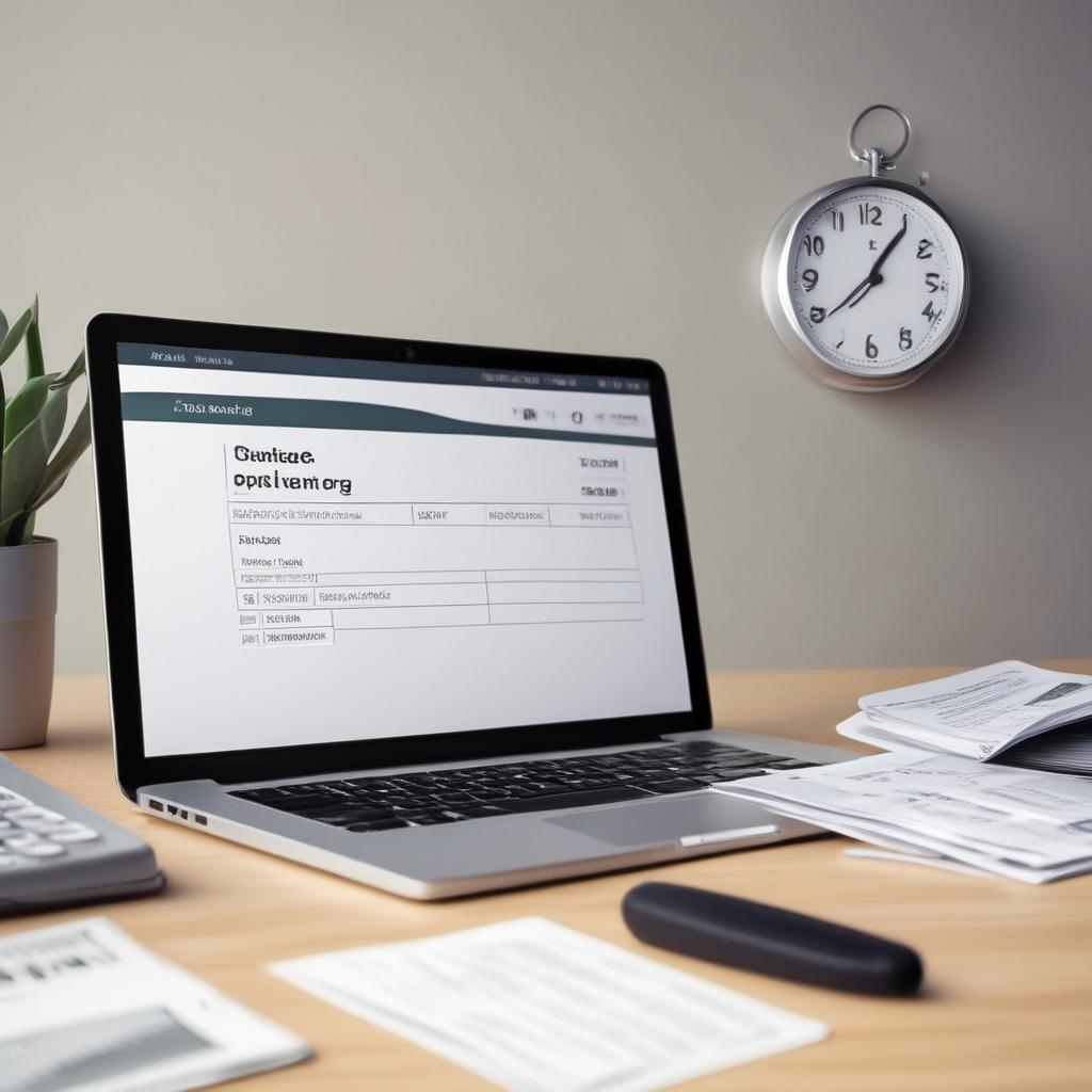 노트북 화면에 세금 환급 계산이 표시되고, 돋보기가 놓여있는 현대적인 사무실 책상.