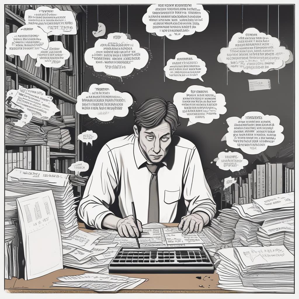 A person overwhelmed by complex tax documents, symbolizing the difficulty and stress of self-filing.