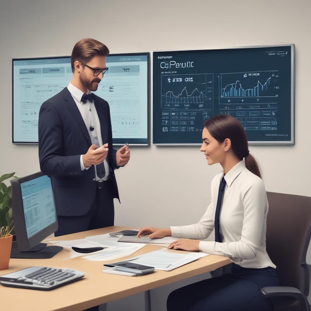 A tax consultant explaining a simplified tax refund process on a digital screen to a client, emphasizing professional and easy assistance.