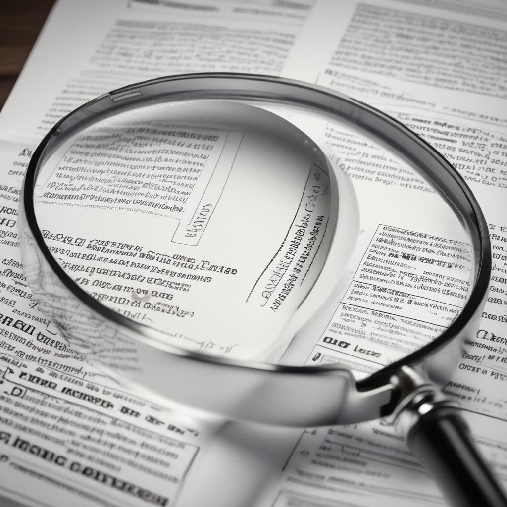 복잡한 보험 약관 위로 돋보기가 놓여 중요한 내용을 확대하고 있는 모습, 숨은 보험금 분석의 중요성을 상징합니다.